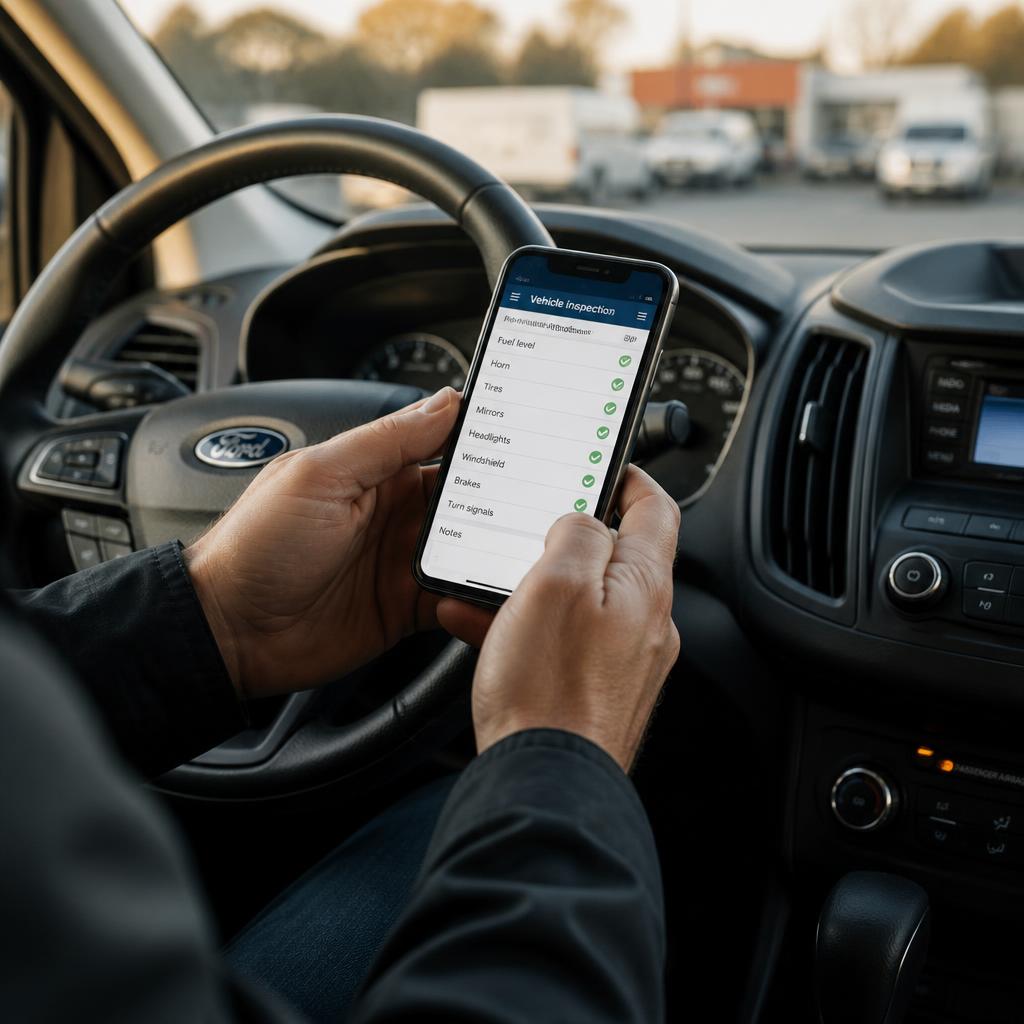 Motorista respondendo checklist do veículo pelo celular